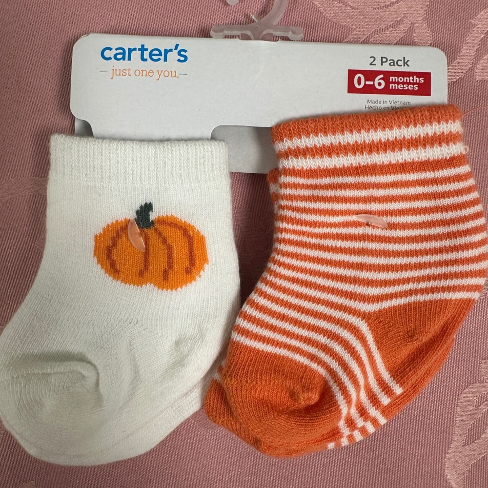 Carters Just One You 2 Pack Baby Socks Pumpkin Orange White Striped 0-6 Months